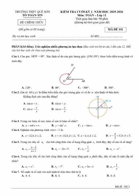 Đề thi Học kì 1 Toán 11 năm 2025-2026 trường THPT Quế Sơn (Đà Nẵng)